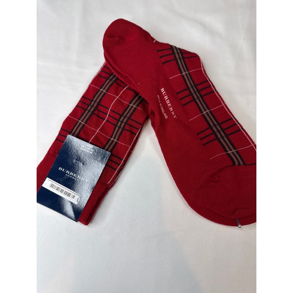Burberry London Mens Red Merino Wool Blend Check Socks Made in England Large